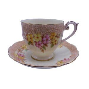 BELL CHINA HAND PAINTED PINK & YELLOW FLORAL TEACUP & SAUCER